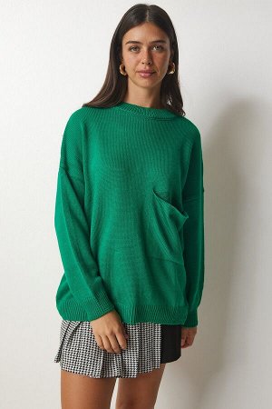 Женский базовый трикотажный свитер зеленого цвета с карманами MX00125