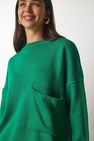 Женский базовый трикотажный свитер зеленого цвета с карманами MX00125
