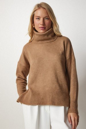 Женский светло-коричневый вязаный свитер с высоким воротником MX00128