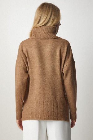 Женский светло-коричневый вязаный свитер с высоким воротником MX00128