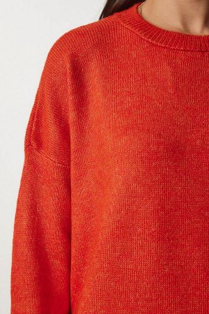 Женский оранжевый вязаный свитер оверсайз с круглым вырезом BV00085