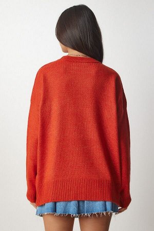 Женский оранжевый вязаный свитер оверсайз с круглым вырезом BV00085