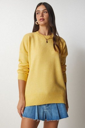 Женский желтый вязаный свитер оверсайз с круглым вырезом BV00085