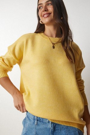 Женский желтый вязаный свитер оверсайз с круглым вырезом BV00085