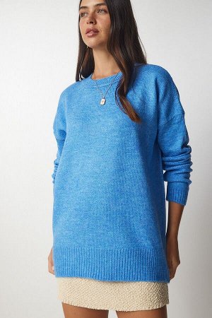 Женский голубой вязаный свитер оверсайз с круглым вырезом BV00085