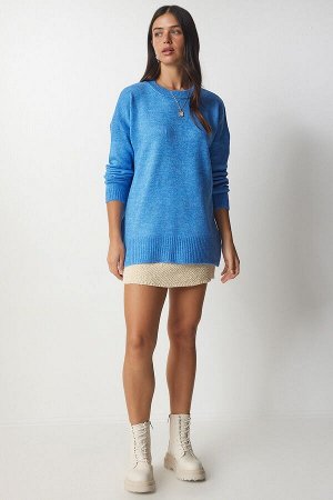 Женский голубой вязаный свитер оверсайз с круглым вырезом BV00085