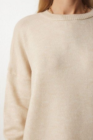 Женский бежевый вязаный свитер оверсайз с круглым вырезом BV00085