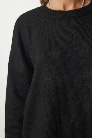 Женский черный вязаный свитер оверсайз с круглым вырезом BV00085
