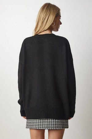 Женский черный вязаный свитер оверсайз с круглым вырезом BV00085