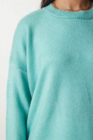 Женский зеленый вязаный свитер с круглым вырезом большого размера BV00085