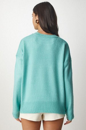 Женский зеленый вязаный свитер с круглым вырезом большого размера BV00085