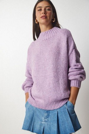 Женский базовый трикотажный свитер сиреневого цвета с высоким воротником MX00127