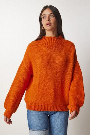 Женский оранжевый базовый трикотажный свитер с воротником-стойкой MX00127