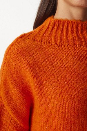 Женский оранжевый базовый трикотажный свитер с воротником-стойкой MX00127