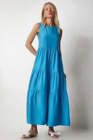 Женское голубое трикотажное платье без рукавов с воланами UB00129