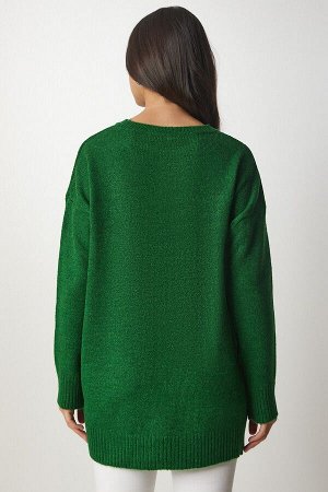 Женский изумрудно-зеленый вязаный свитер оверсайз PN00054