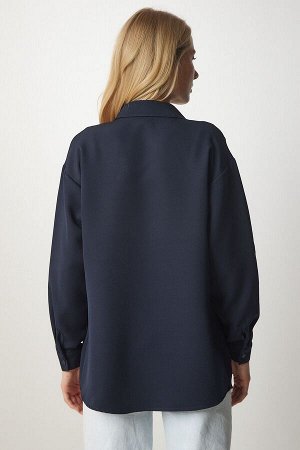 Женская темно-синяя куртка-рубашка оверсайз с карманами и деталями DD01250