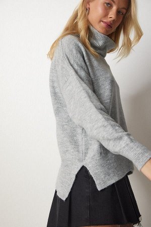 Женский серый вязаный свитер с высоким воротником MX00128