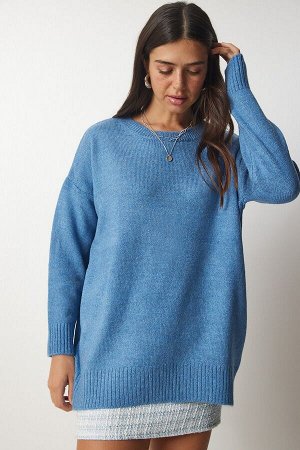 Женский вязаный свитер оверсайз синего цвета индиго PN00054