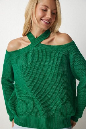 Женский темно-зеленый вязаный свитер с открытыми плечами MX00118