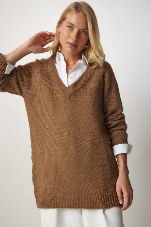 Женский коричневый свободный трикотажный свитер с v-образным вырезом ub00121