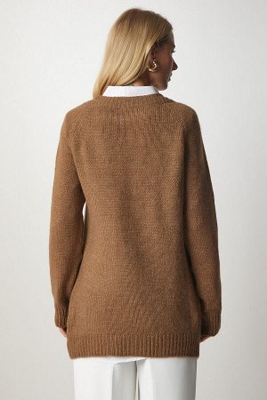 Женский коричневый свободный трикотажный свитер с v-образным вырезом ub00121