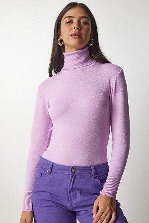 happinessistanbul Женский вельветовый трикотажный свитер сиреневого цвета с высоким воротником bv00087
