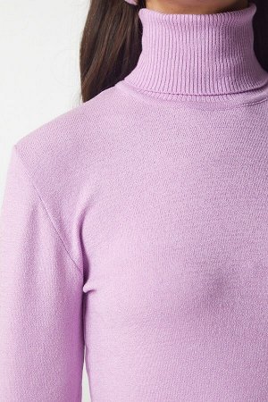 Женский вельветовый трикотажный свитер сиреневого цвета с высоким воротником bv00087