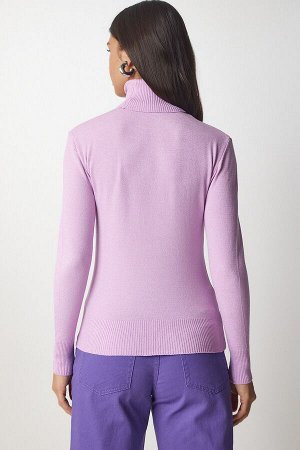 Женский вельветовый трикотажный свитер сиреневого цвета с высоким воротником bv00087