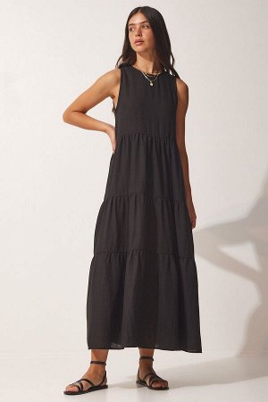Женское черное трикотажное платье без рукавов с воланами UB00129