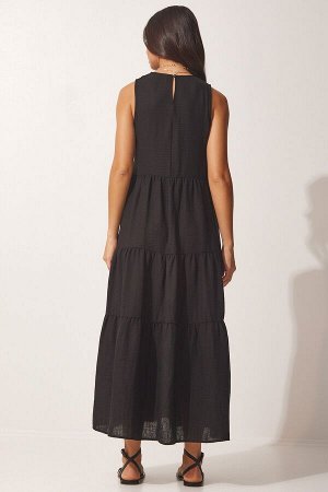 Женское черное трикотажное платье без рукавов с воланами UB00129
