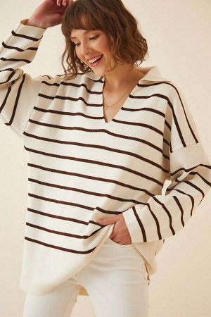 Женский вязаный свитер большого размера с воротником поло шоколадно-кремового цвета US00703