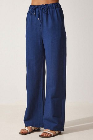 Женские летние льняные брюки-палаццо темно-синего цвета MC00198