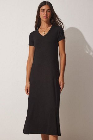 Женское черное летнее трикотажное платье из вискозы с v-образным вырезом JS00015