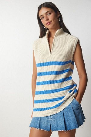 Женский кремово-синий полосатый свитер с воротником на молнии MX00123