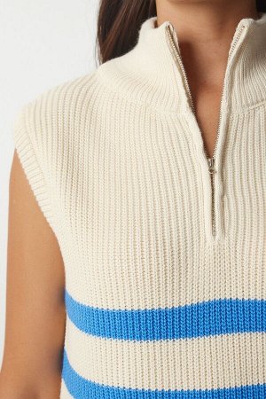 Женский кремово-синий полосатый свитер с воротником на молнии MX00123