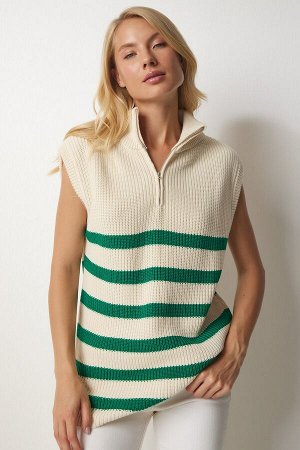 Женский кремово-зеленый полосатый свитер с воротником на молнии MX00123