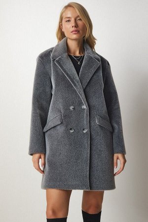 Женское серое пальто оверсайз с кроличьим мехом MX00105