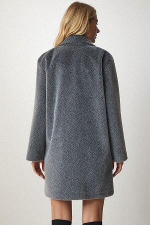 Женское серое пальто оверсайз с кроличьим мехом MX00105