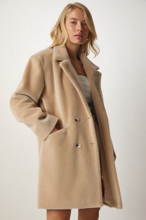 Женское бежевое пальто оверсайз с кроличьим мехом MX00105
