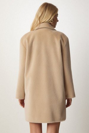 Женское бежевое пальто оверсайз с кроличьим мехом MX00105