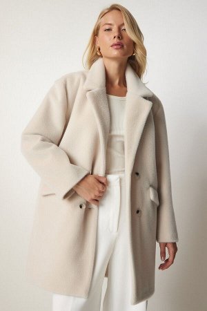 Женское кремовое пальто оверсайз из кроличьего меха MX00105