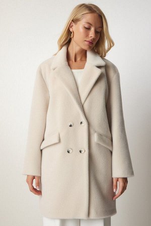 Женское кремовое пальто оверсайз из кроличьего меха MX00105