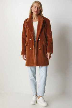 Женское светло-коричневое пальто оверсайз с кроличьей шерстью MX00105