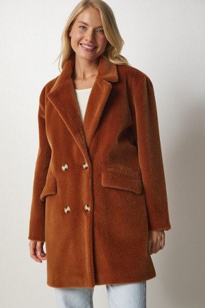 Женское светло-коричневое пальто оверсайз с кроличьей шерстью MX00105