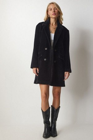 Женское черное пальто оверсайз с кроличьей шерстью MX00105