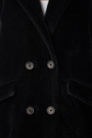 Женское черное пальто оверсайз с кроличьей шерстью MX00105