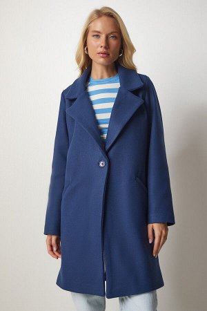 Женское темно-синее двубортное пальто на пуговицах с воротником MX00113
