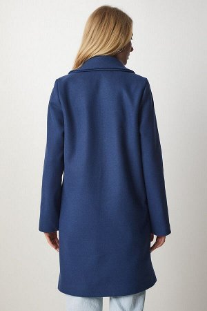 Женское темно-синее двубортное пальто на пуговицах с воротником MX00113