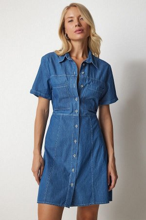 Женское синее джинсовое платье на пуговицах DD01252